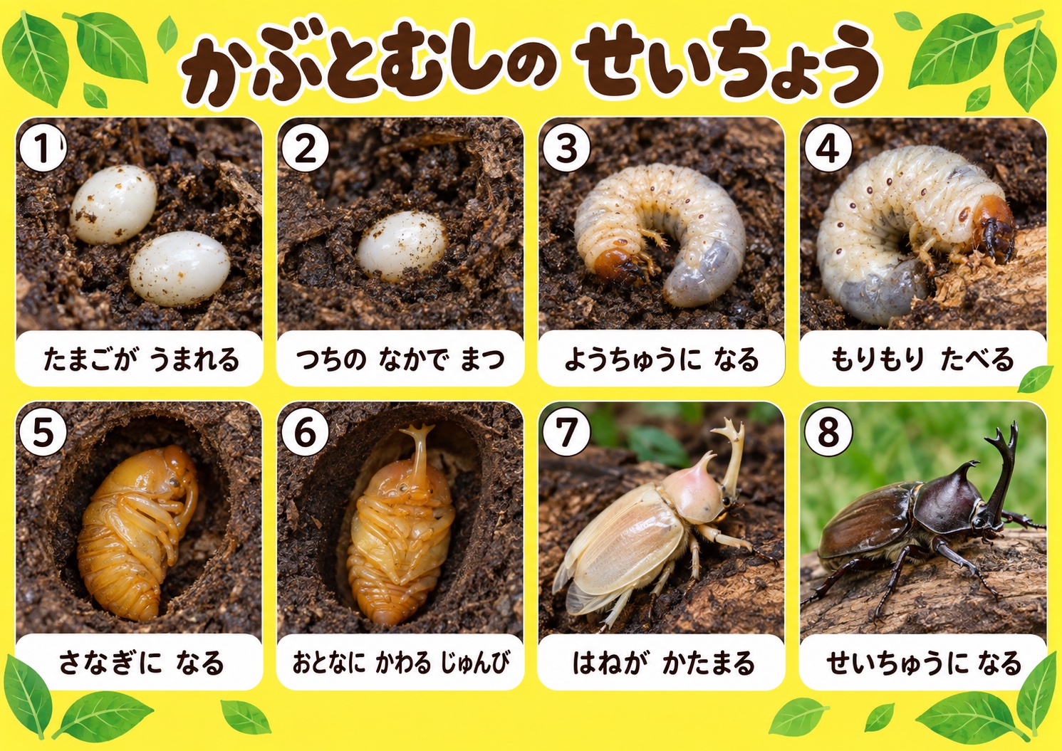 「かぶとむしの せいちょう」掲示物の再現イメージ。たまごから成虫まで番号つきのコマが順に並び、ひらがなの説明がついている